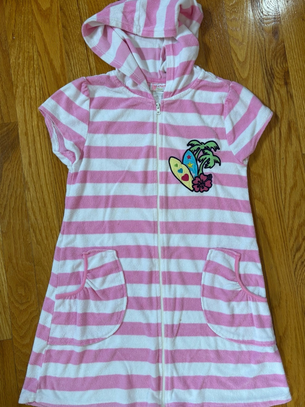Girls Pink & White Striped Hooded Zip coverup with Surf Patch size L (10-12)